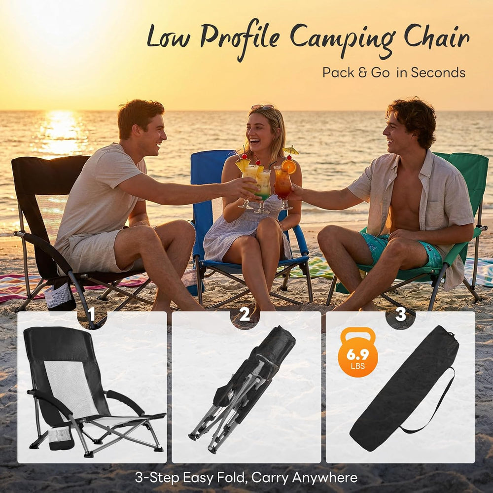NEWBULIG Folding Camping Beach Chair for Adults, Low Profile Lawn Chair with ...