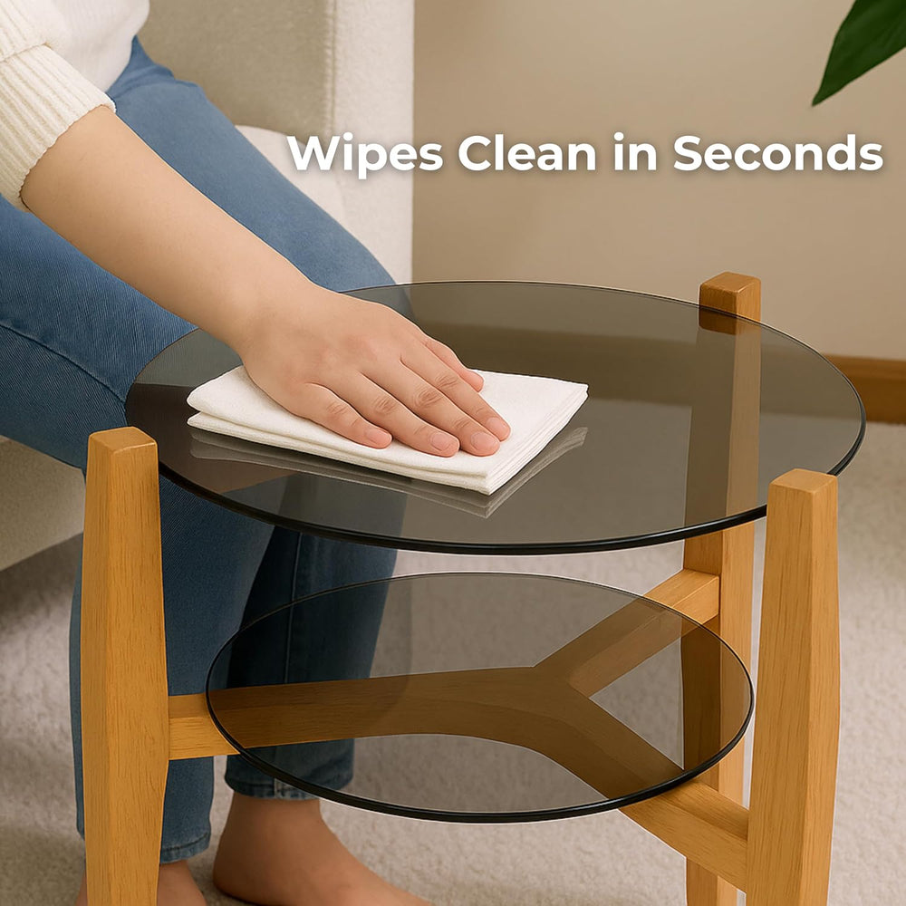 Round End Table, 2-Tier Tempered Glass Table Top Wooden Legs, Modern Side Tab...