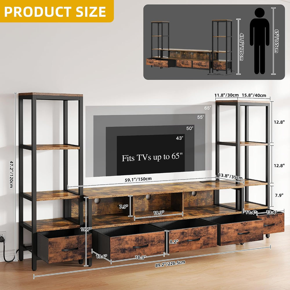 DWVO Industrial LED TV Stand for 65 Inch TVs, Entertainment Center with 2 4-T...