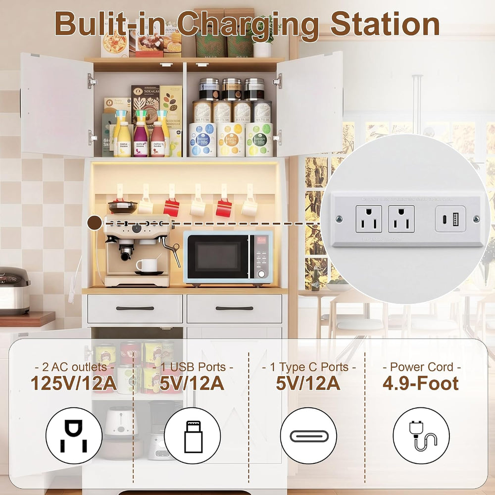 DreamDashio 73" Tall Pantry Cabinet with Charging Station & LED Ligh...