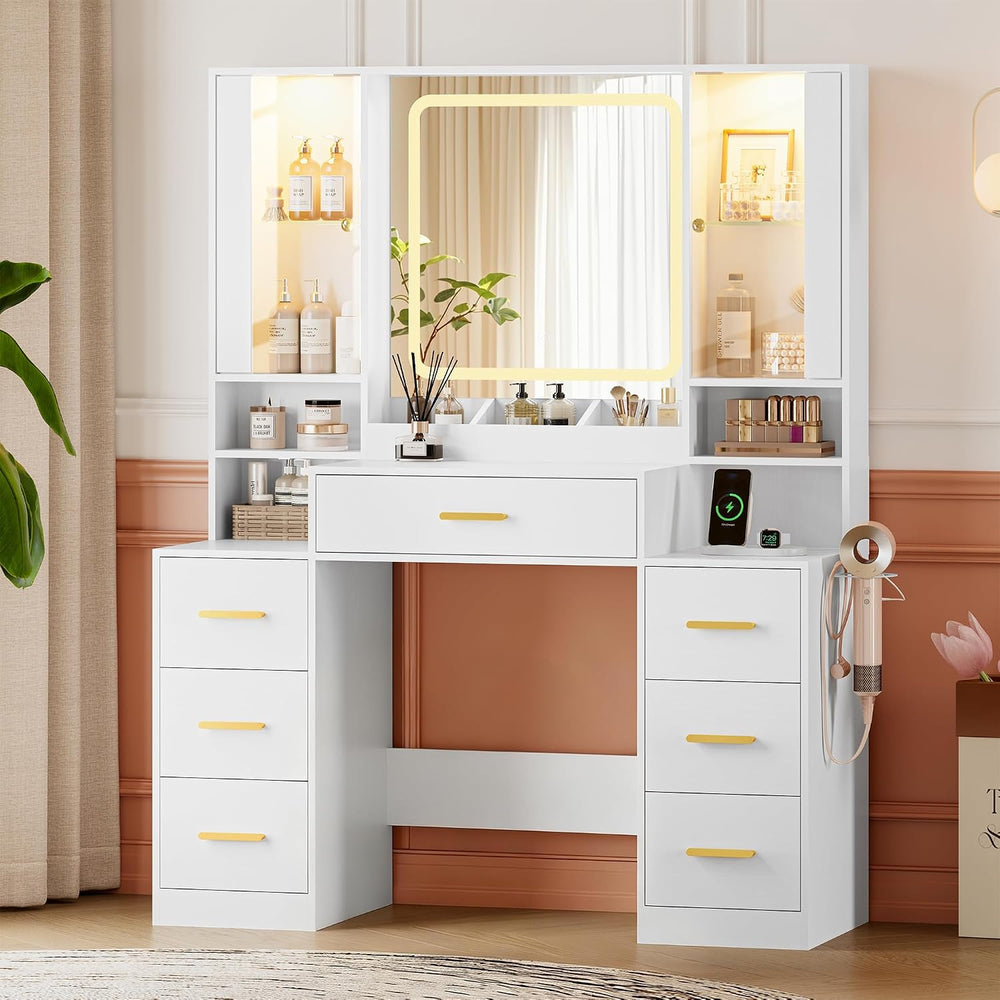 HUANLEGO Makeup Vanity Desk with Mirror and LED Lights for Girls, White