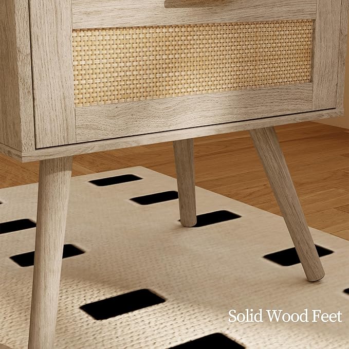 Rattan Nightstand,Farmhouse Bedside Table with 2 Storage Drawer and Open Wood...