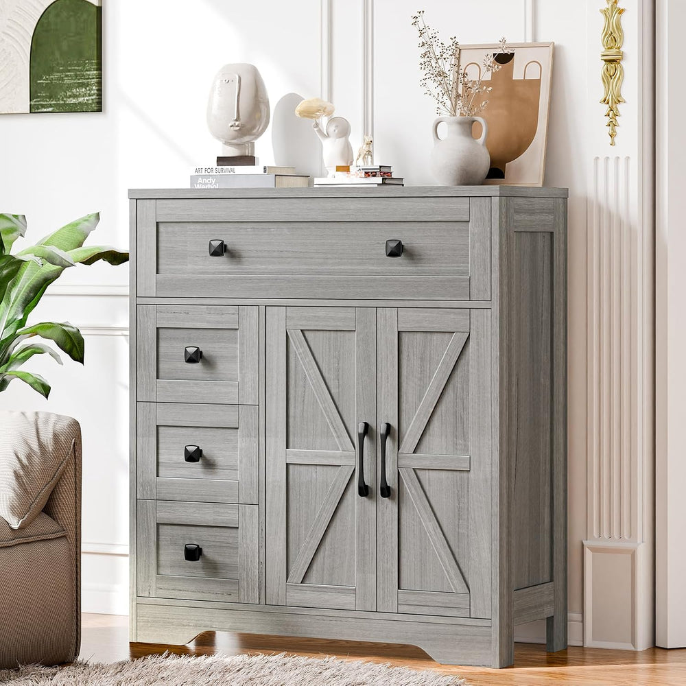 Vabches Farmhouse Storage Cabinet with 2 Doors and 4 Drawers, Wash Grey