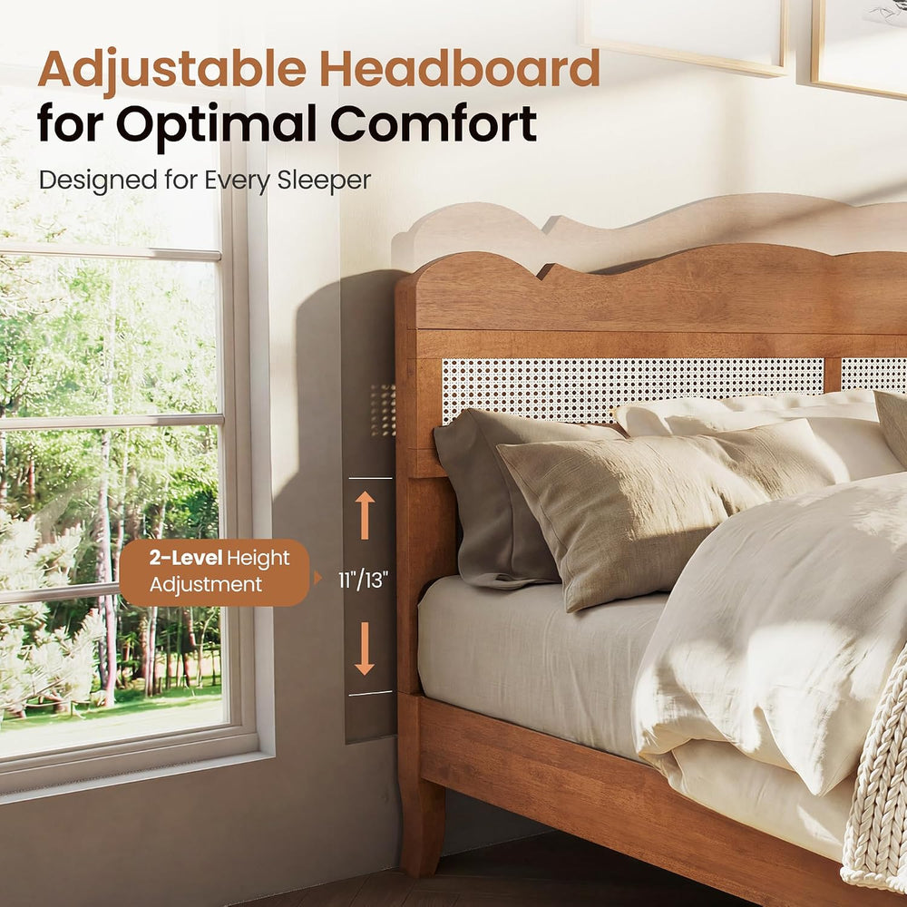 PHI VILLA Solid Wood Queen Bed Frame with Adjustable Headboard