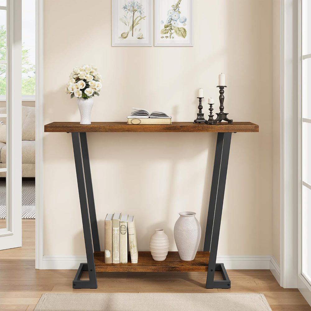 2 Tier Narrow Console Table, 31.5'' Entryway Table, Rustic Brown | In...