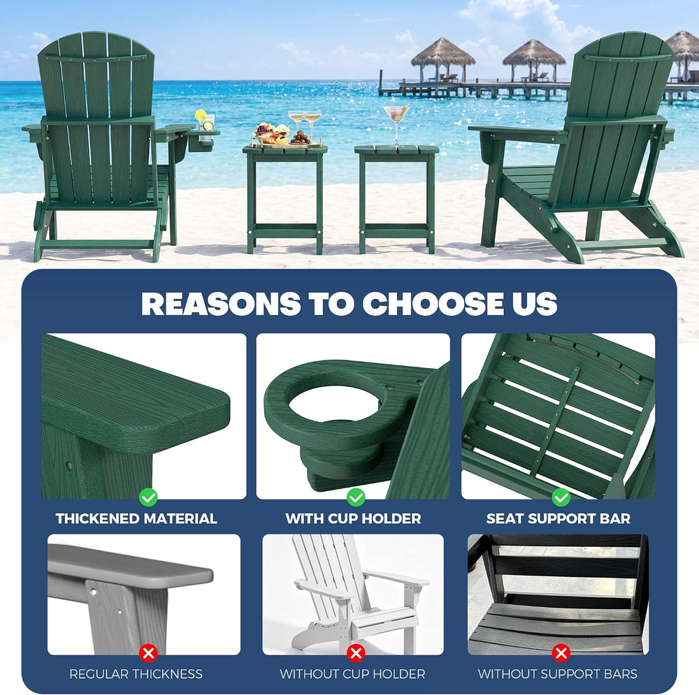 Adirondack Chair Set of 2 with Cup Holders&Table, Green