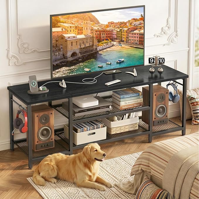 YGEOMER TV Stand for Up to 65 Inch TVs, Entertainment Center with Power Outle...