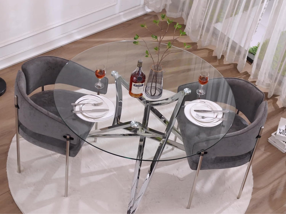Glass Round Dining Table, 47.2" Modern Round Table with Silver Mirrored ...
