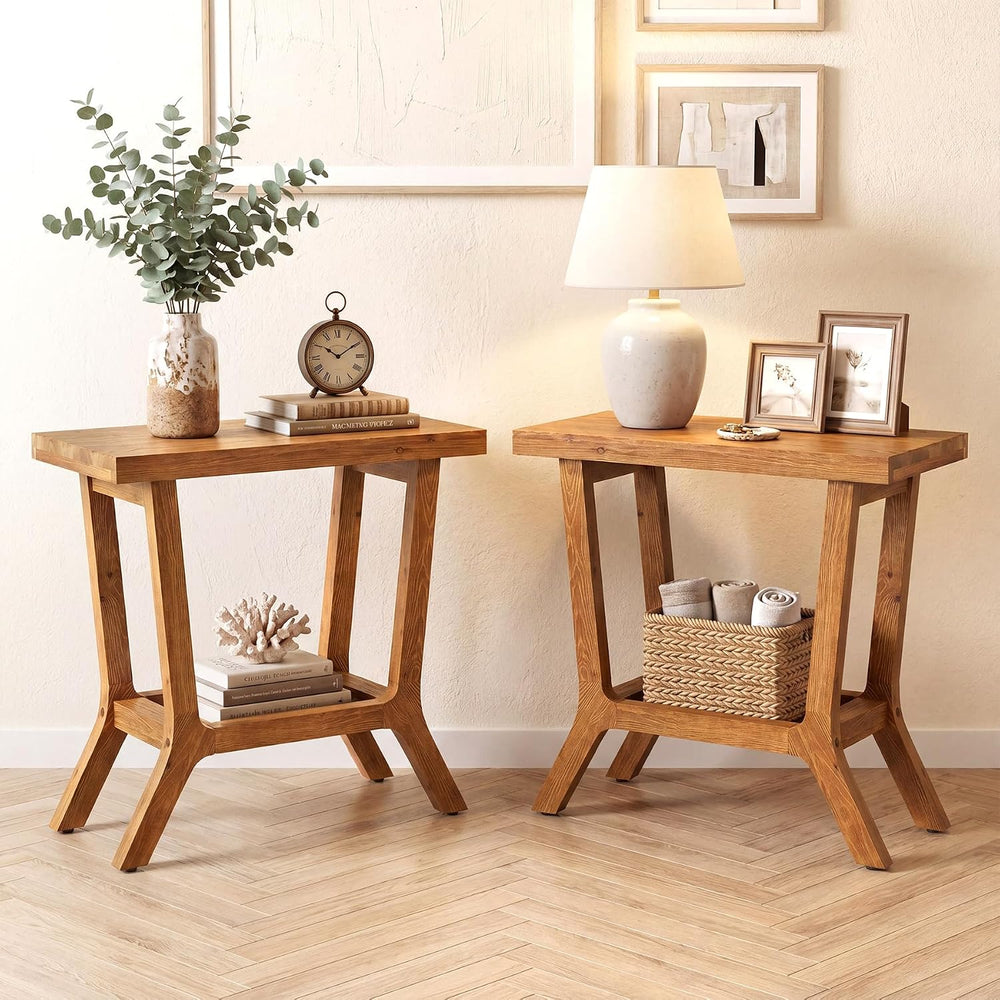 Solid Wood End Table, Small Wooden Side Table with 2-Tier Storage, Narrow Rus...