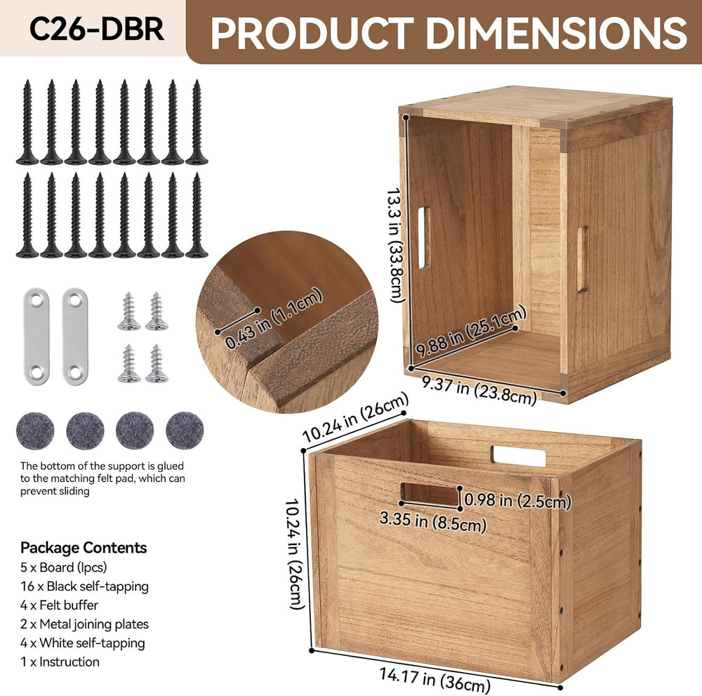 KIRIGEN Stackable Wood Storage Cube with Handles, Open Cubby Bin, Brown