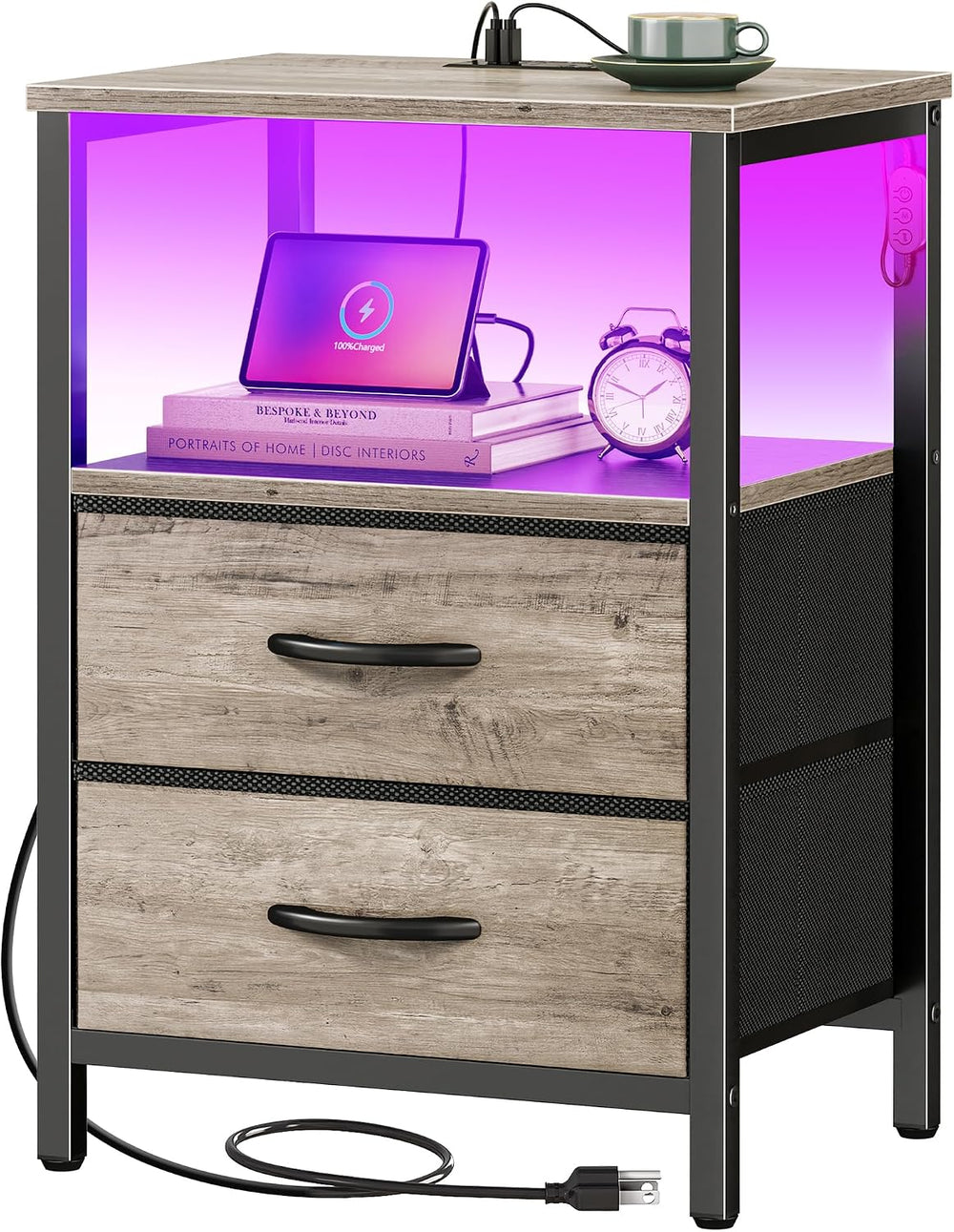 Huuger Night Stand with Charger Station and LED Lights, 2 Drawer Nightstand, ...