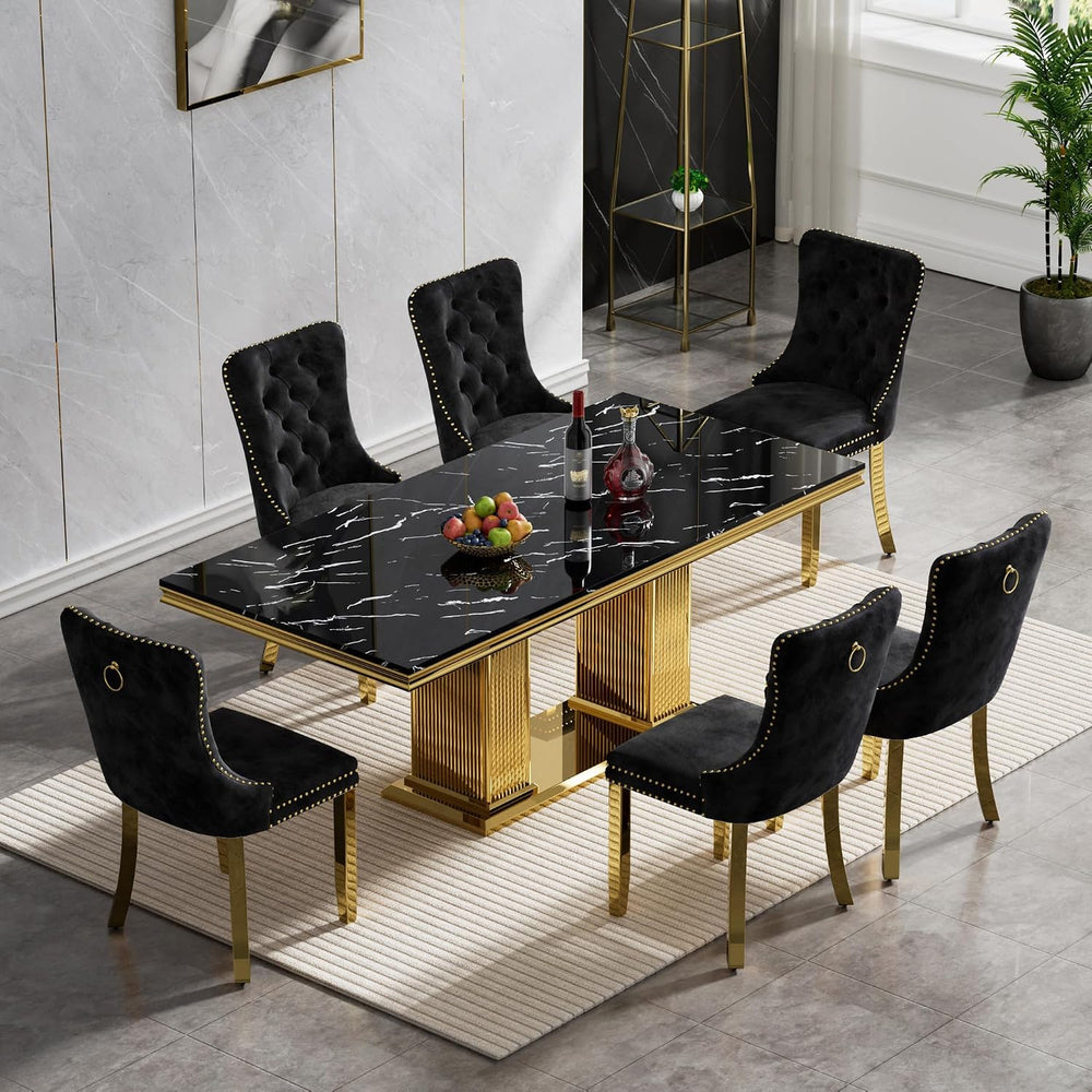 7-Piece Dining Table Set for 6, 68" Black Marble Kitchen Table with 6 Bl...