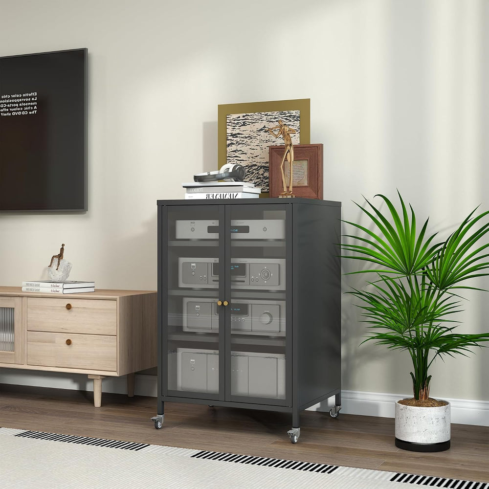 Stereo Cabinet, Metal Media Storage Cabinet with Glass Doors, Audio-Video Med...