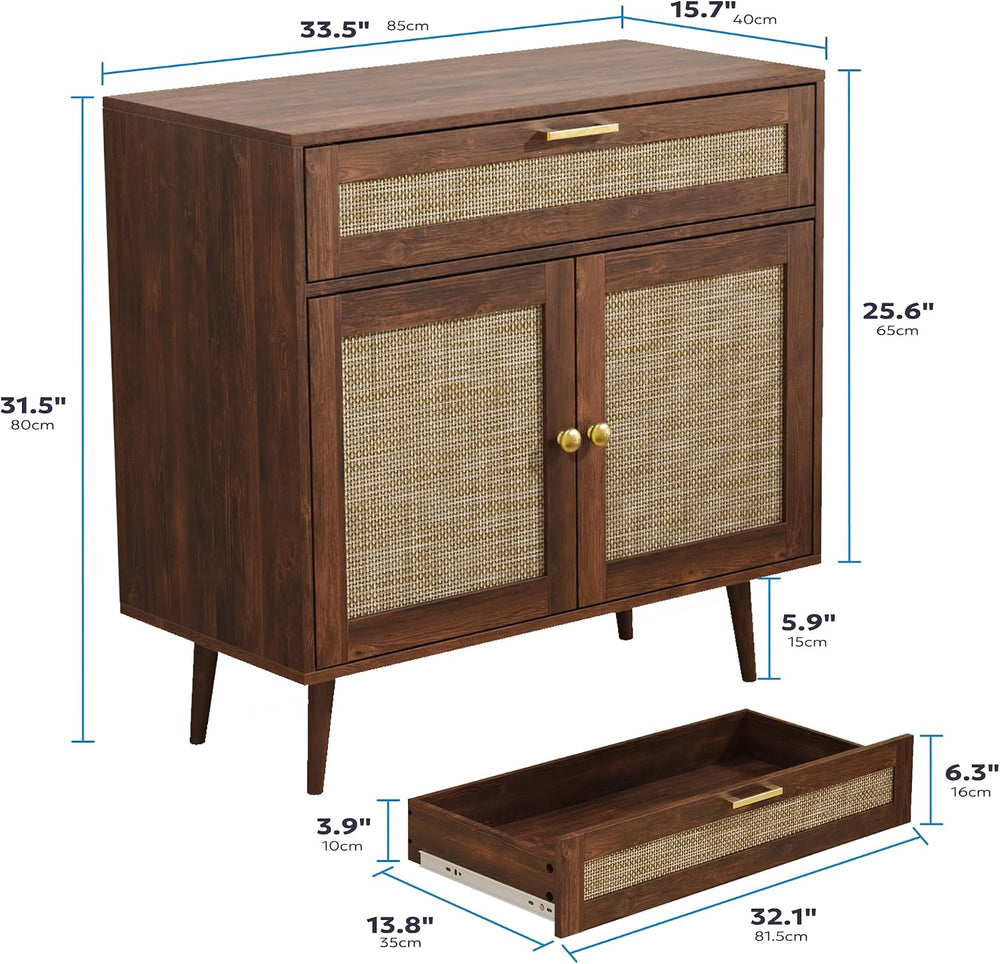 Furnify Rattan Sideboard Buffet, Boho Kitchen Cabinet with Drawer & 2 Doo...