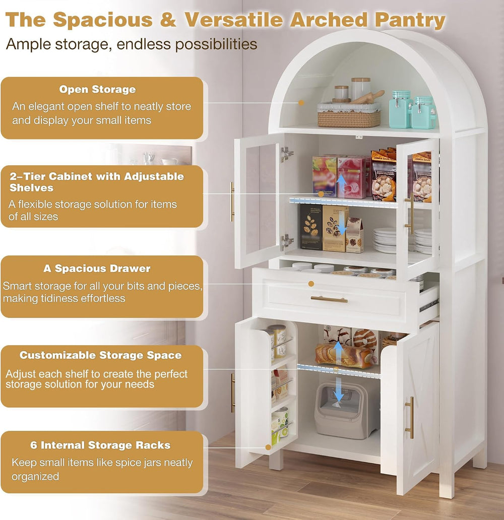 71" Tall Arched Kitchen Pantry Cabinet, Farmhouse Pantry Cabinet with Gl...