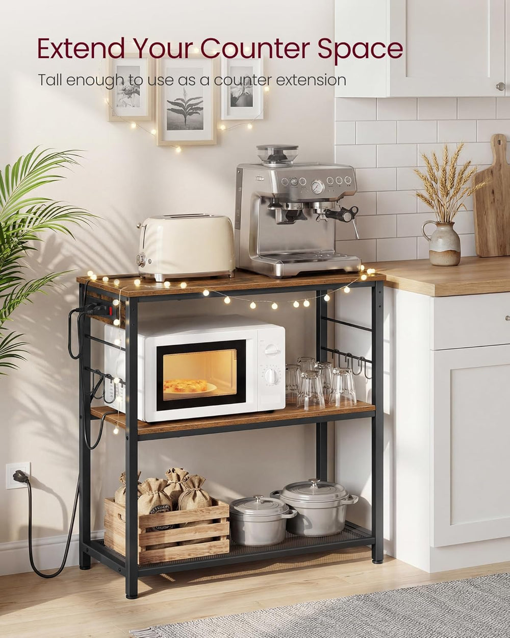VASAGLE Kitchen Island with Power Strip, Microwave Oven Stand, Kitchen Shelf,...