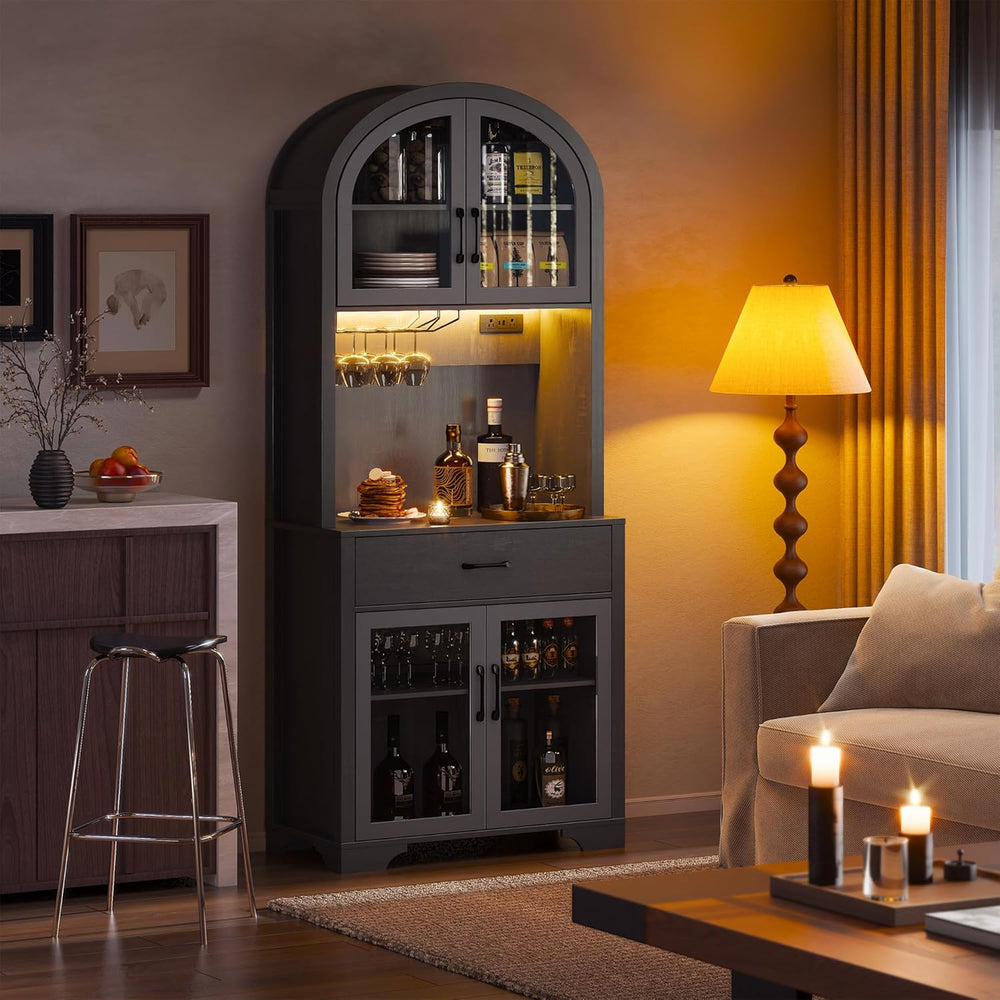 Arched Kitchen Pantry Storage Cabinet, Black Wooden Coffee Bar Cabinet with D...