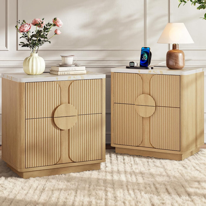 Decofy Fluted Nightstand Set of 2, Charging Station, Faux Marble Top, Oak
