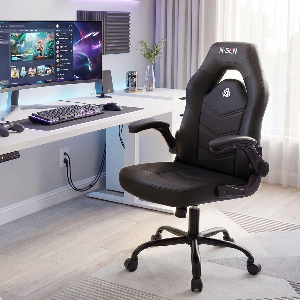 N-GEN Gaming Gaming Chair, Lumbar, PU Leather, Flip-Up Arms, Jet Black | Ergo...