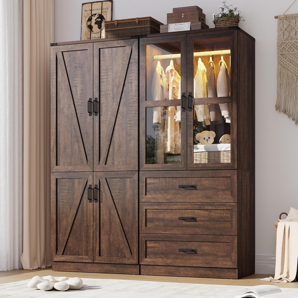 75" Tall Farmhouse 4 Doors Armoire Wardrobe Closet with 3 Drawers and LE...