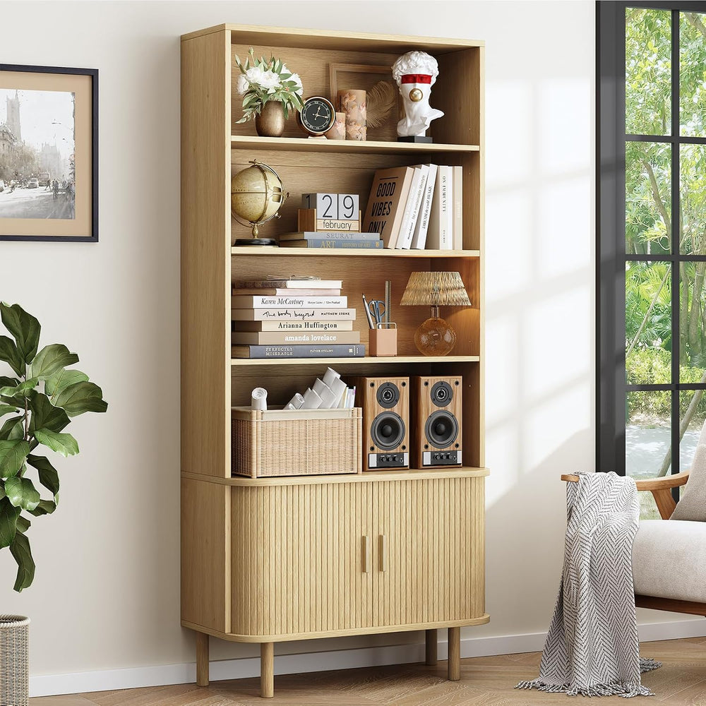 ONBRILL 71" Bookshelf with Sliding Door, Bookcase Storage Cabinet, Oak