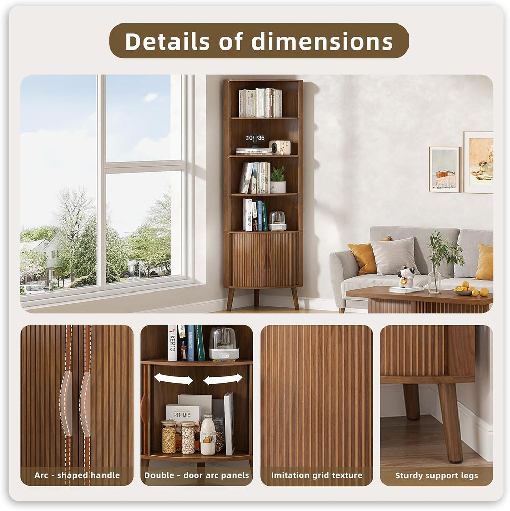 66'' Tall Corner Bookshelf with 2 Fluted Sliding Doors,Walnut