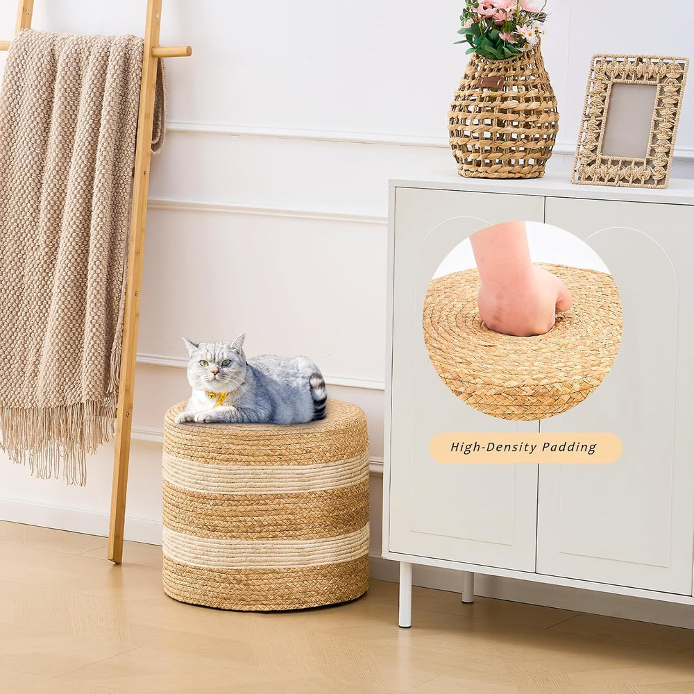 Handwoven Ottoman Pouf, Natural Water Hyacinth Footstool, Round Braided Outdo...