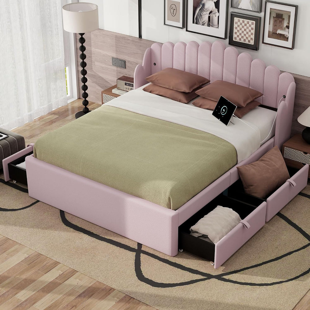 Queen Size Upholstered Platform Bed with 4 Drawers and 2 USB, Storage Platfor...