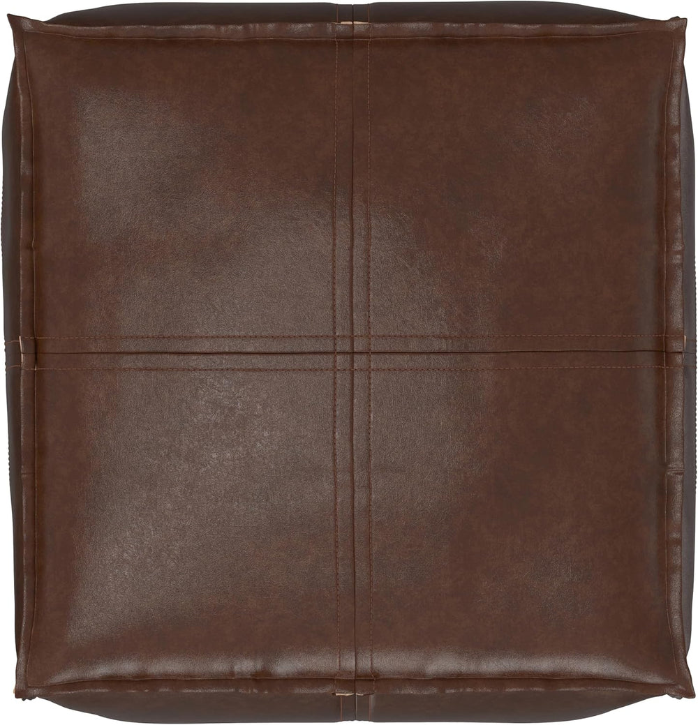 SIMPLIHOME Brody 18" Wide Square Pouf in Distressed Dark Brown Faux Leat...