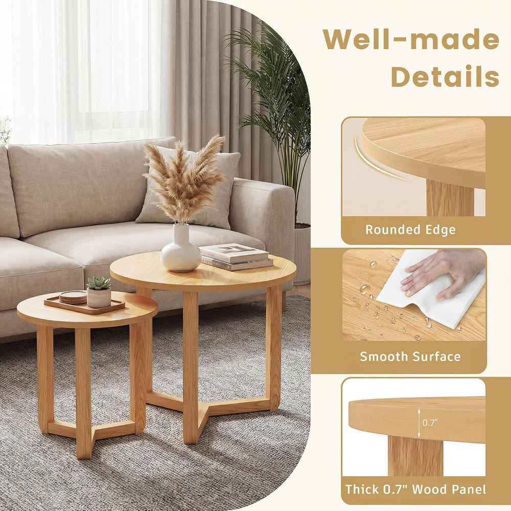 Tangkula Round Nesting Coffee Table Set of 2, Farmhouse End Tables with Solid...