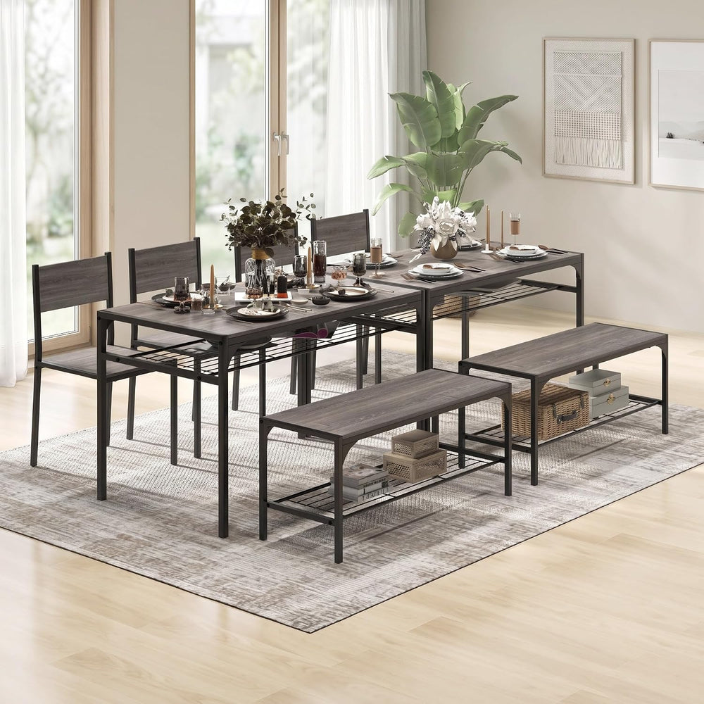 COSTWAY Dining Table Set for 4 with Bench & 2 Chairs, Storage Racks, Grey
