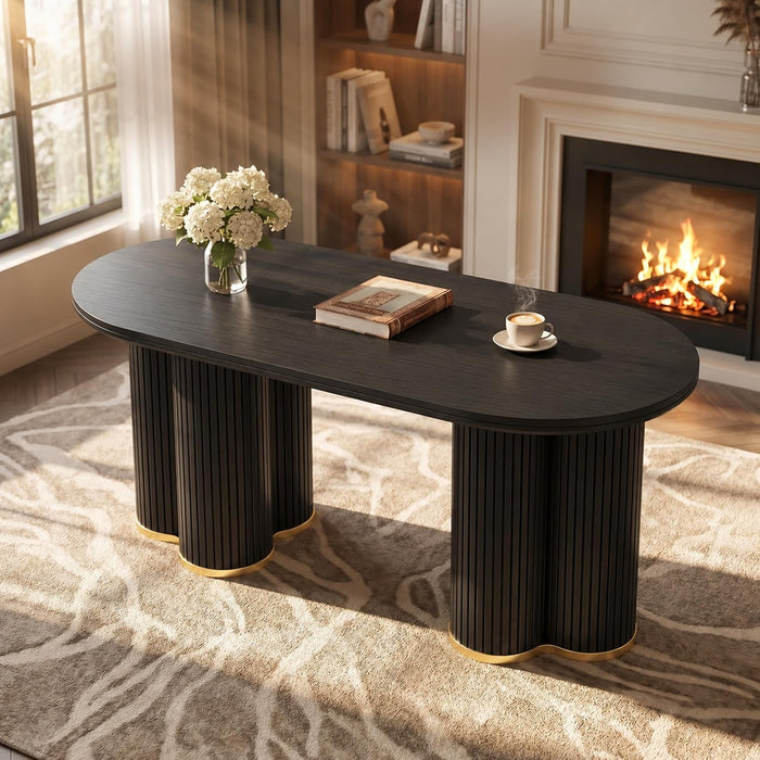 YOSHOOT Oval Fluted Coffee Tables for Living Room, 47" Wood Coffee Table,Black