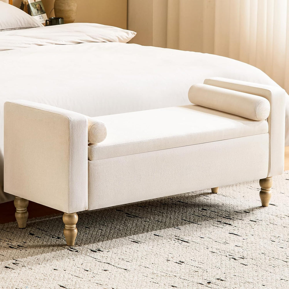 Large Storage Ottoman Bench, 45.7" Linen Upholstered Entryway Bench with...