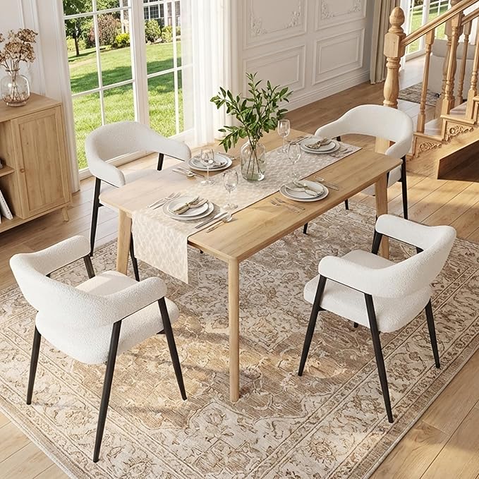 HNY Modern Dining Room Arm Chairs Set of 4, Faux Sherpa Boucle Upholstered Ba...