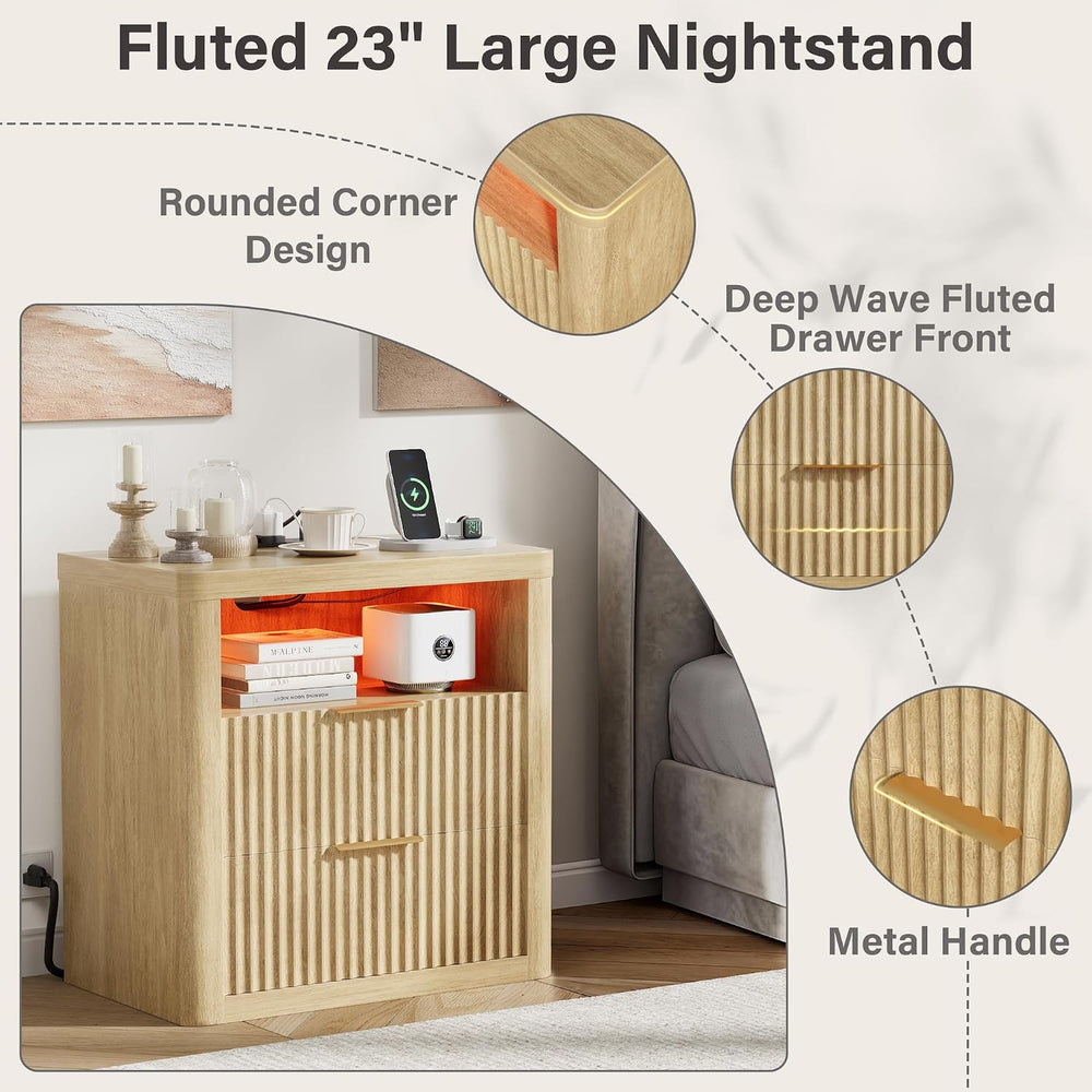 JUMMICO Fluted Nightstand with Charging Station & RGB Lights,Wooden End T...