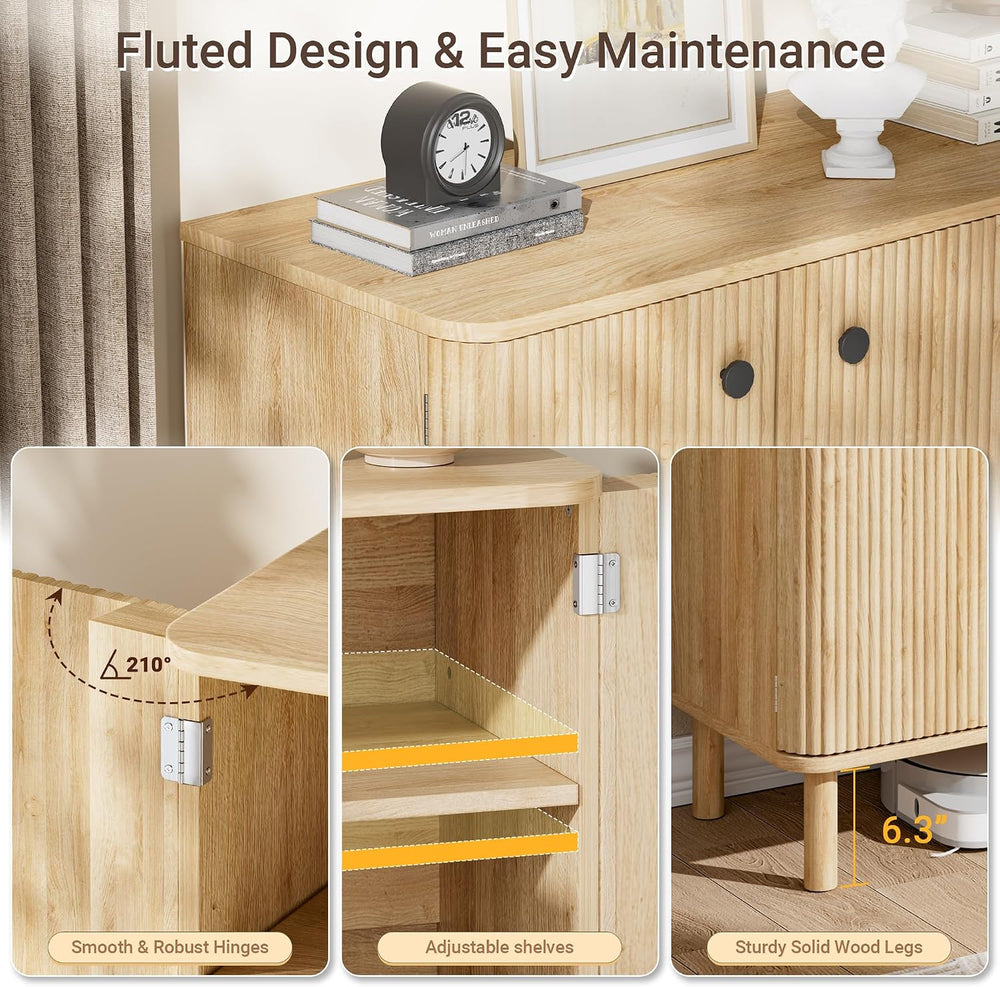 Fluted Sideboard Buffet Cabinet with Storage, 31'' Natural Oak Wood B...