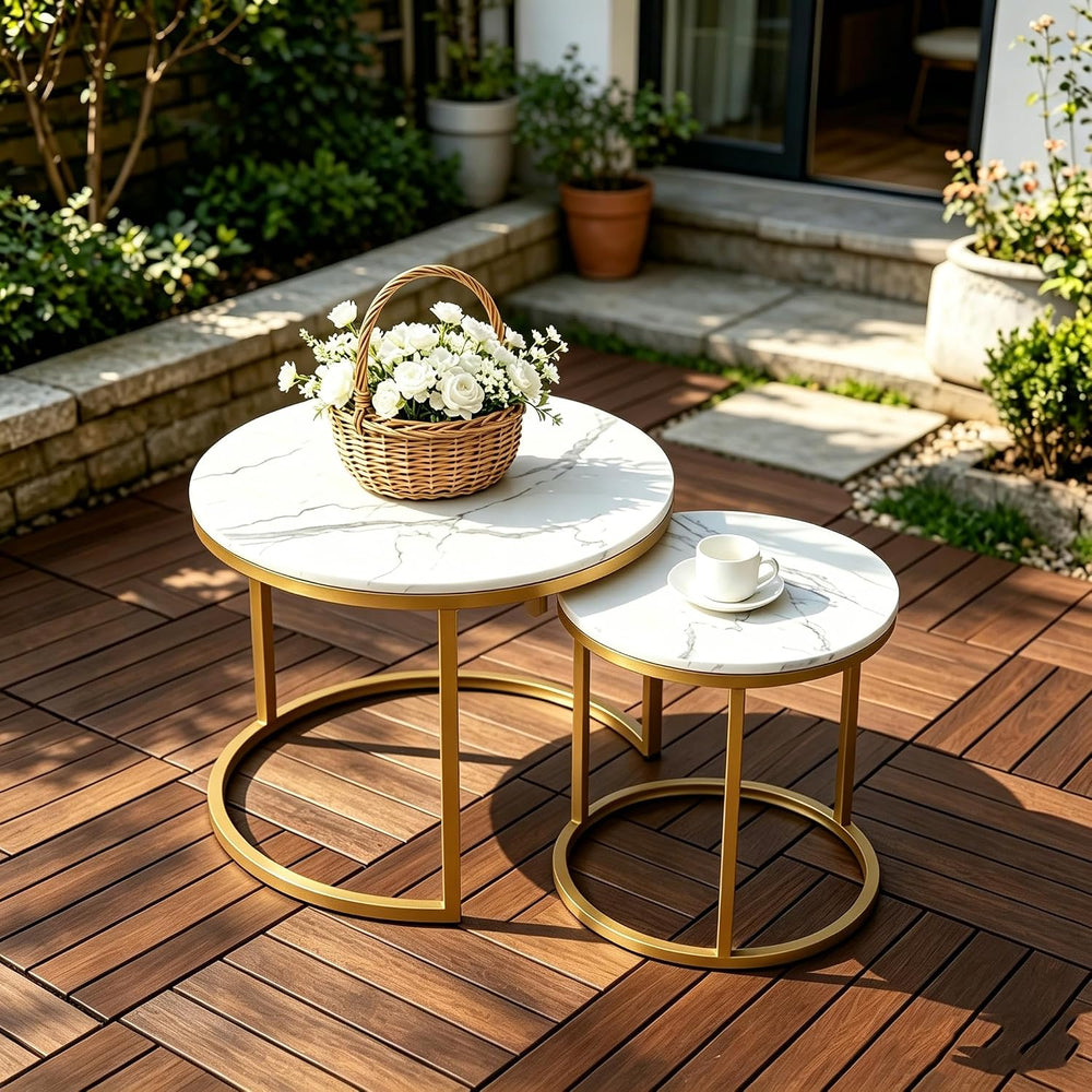 Round Coffee Table Set with Marble Pattern Top,Coffee Table and End Table Set...