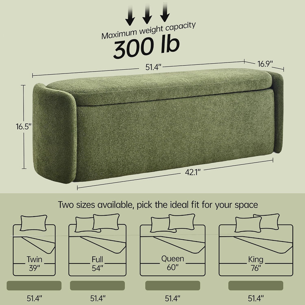 VKNOW Storage Bench, Upholstered Storage Ottoman Bench with Hinge, Green | Ot...