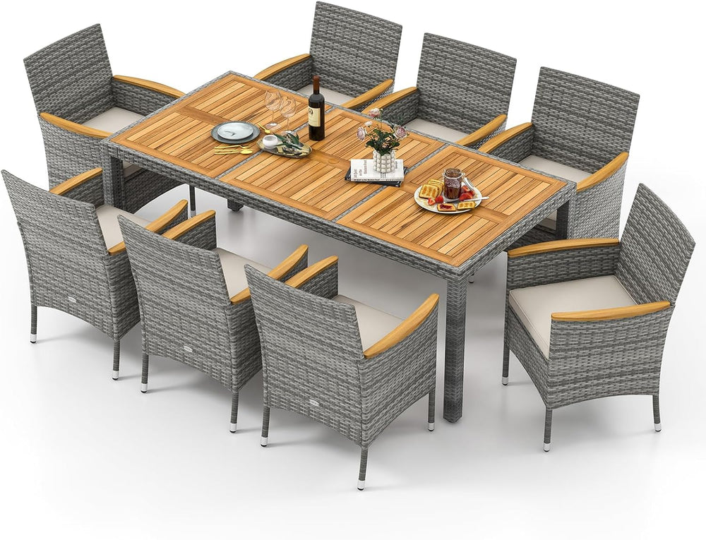 Tangkula 9 Pieces Patio PE Wicker Dining Set, Outdoor Acacia Wood Table and C...