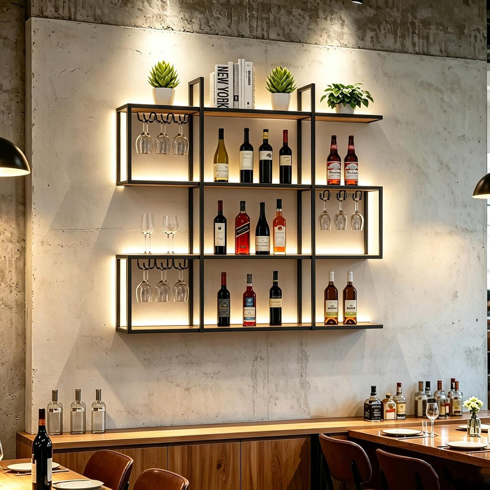 4-Tier Wall Mounted Wine Rack with LED Light, Glass Holder (120cm/47.3in) | 2...