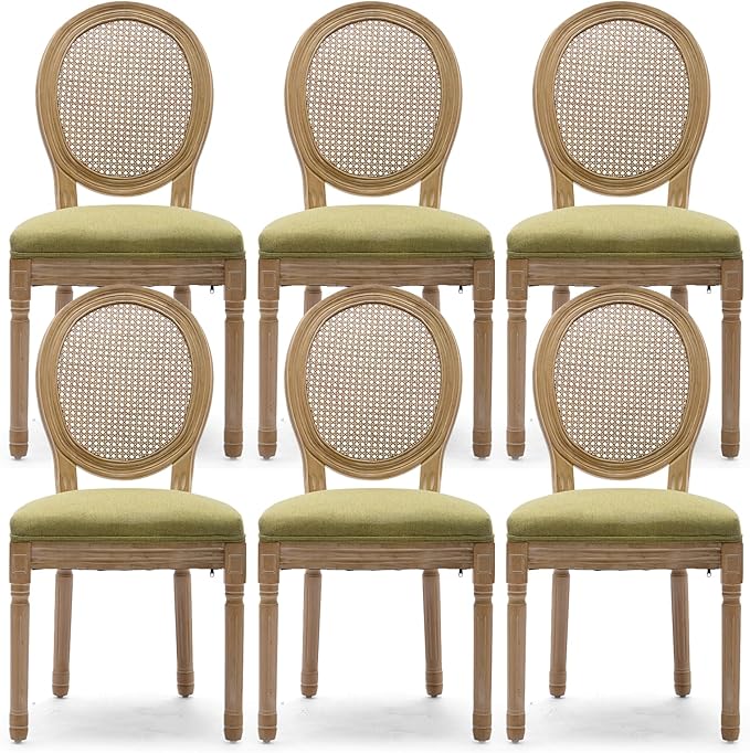 Rattan Back Upholstered Dining Chairs Set of 6 French Country Oval Kitchen Si...