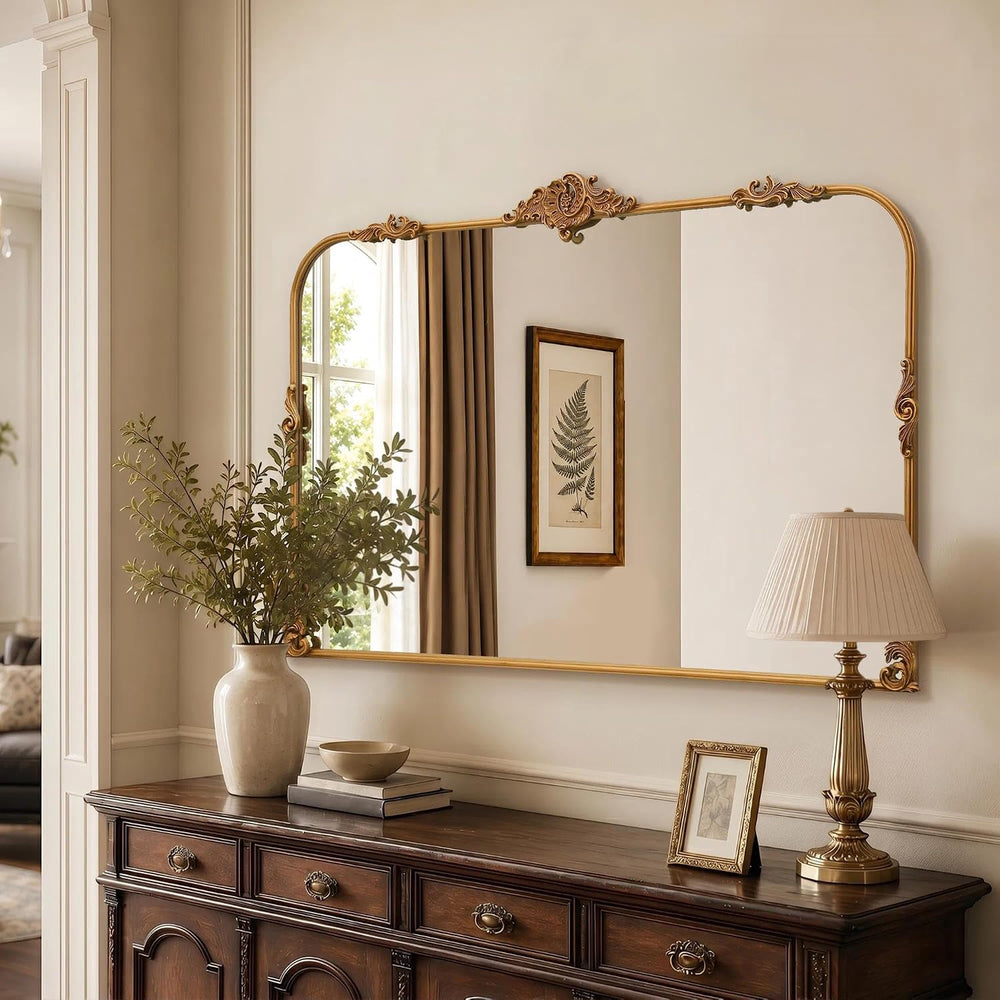 Large Gold Arched Mirror: 48"x33" Baroque Vintage Wall Mirror