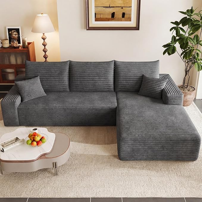 95" Modular Sectional Couch, L Shaped Cloud Sofa with Chaise Lounge, Corduroy Upholstered Couches Memory Foam Deep Seat, No Assembly Required, Ideal for Living Room(Dark Gray, Right Facing)