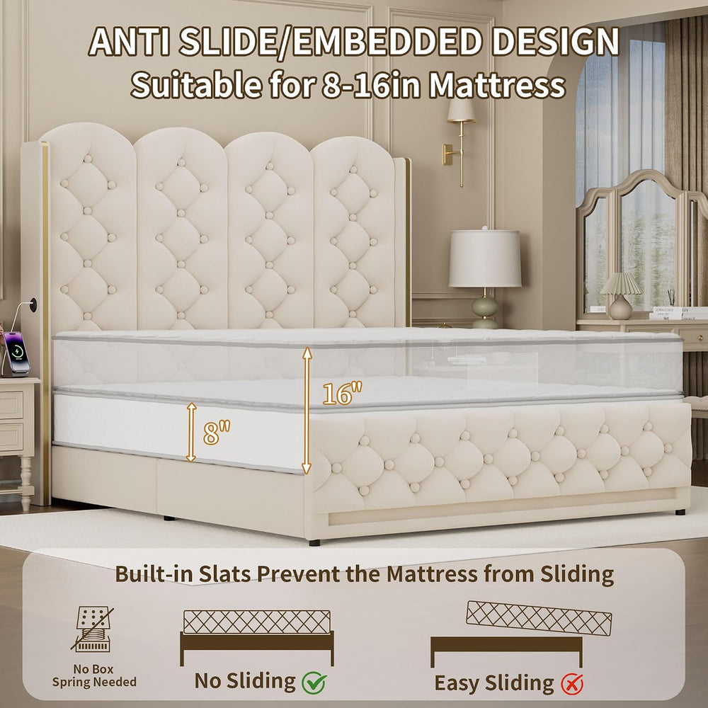 58" Tall Hydraulic Lift Up Storage Bed Frame Full Size, Beige