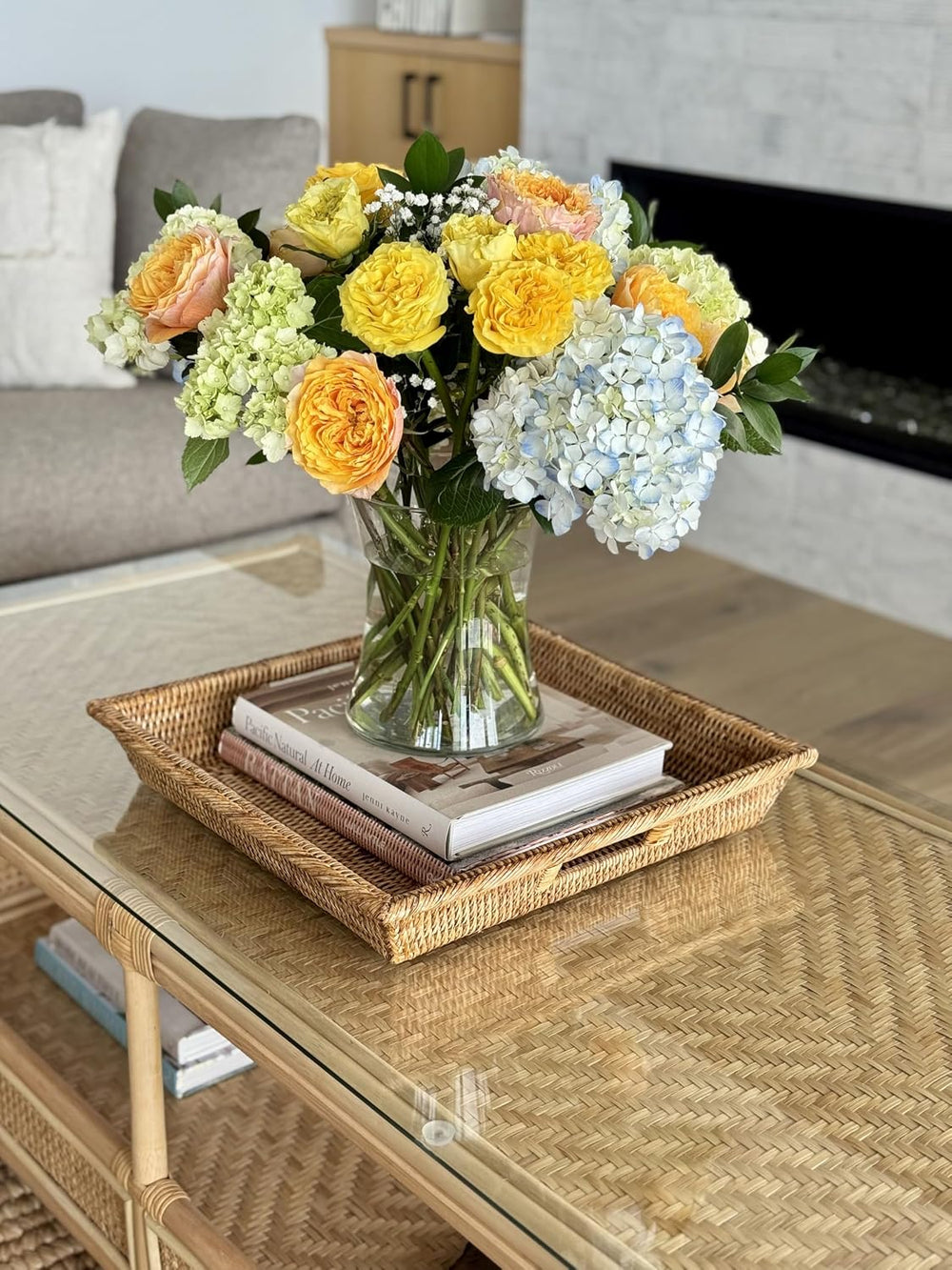 KOUBOO La Jolla Rattan Square Serving Tray, Storage Organizer, Honey Brown