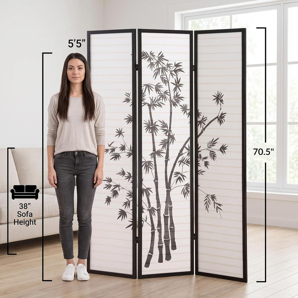 Roundhill Furniture 3-Panel Oriental Shoji Room Divider Screen, Black