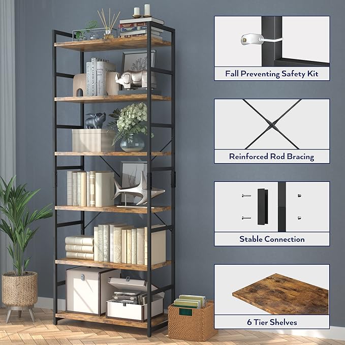 NUMENN 6 Tier Bookshelf, Tall Bookcase Shelf Storage Organizer, Modern Book S...