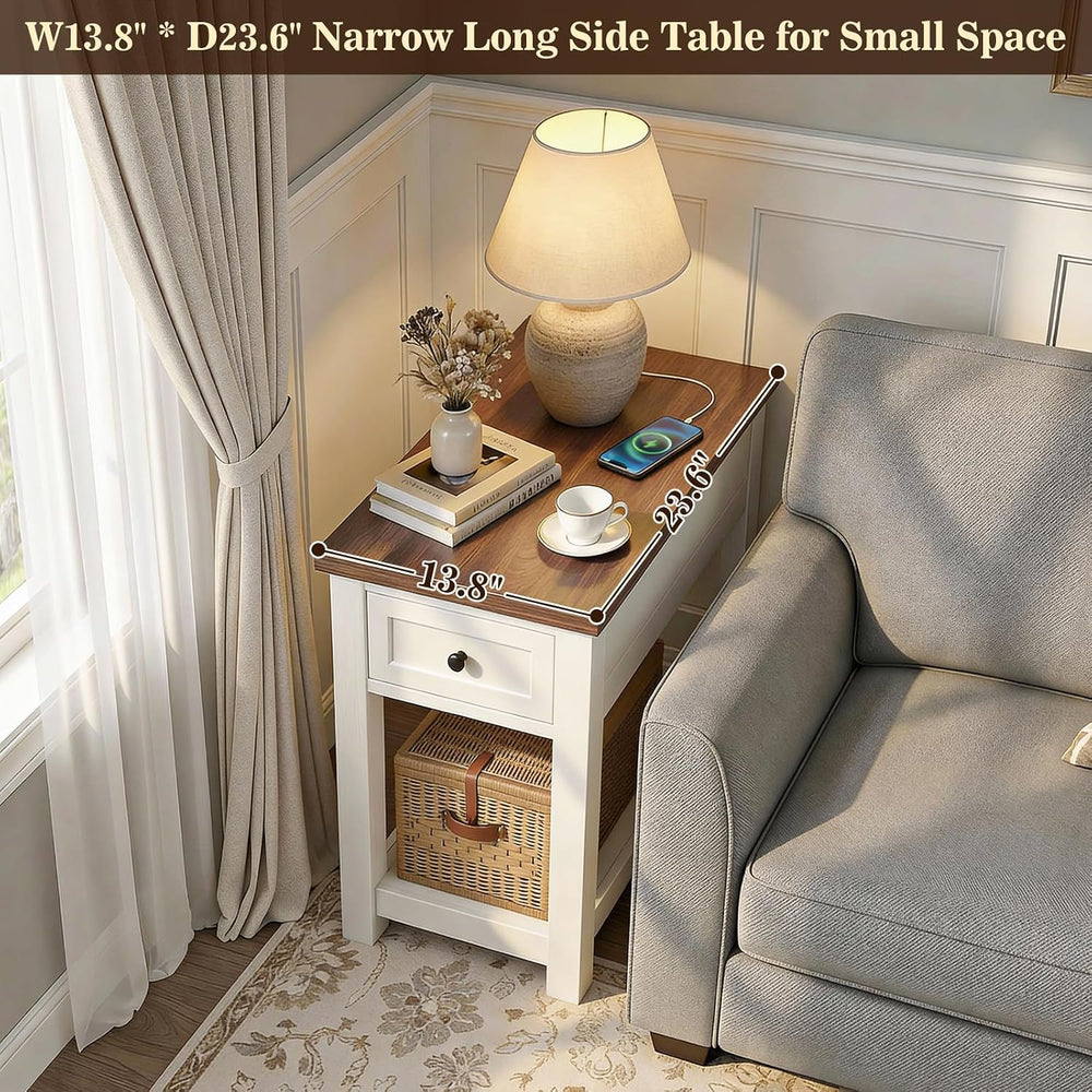 Narrow End Table with Charging Station - Farmhouse Side Table with Drawer, 14...