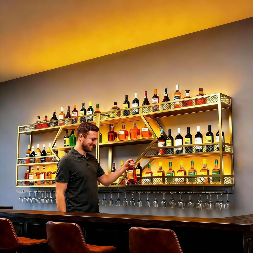 Wall Mounted Wine Rack, 71 Inch, 3-Tier Metal Bottle Shelf with Wine Glass Ho...