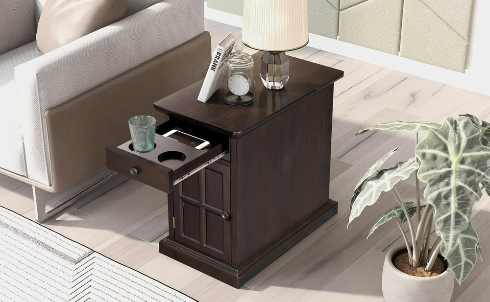Traditional Wood End Table with Charging Station, Modern Vintage Sofa Chair S...